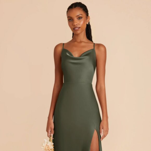 Lisa Long Dress- Matte Satin Olive - Picture 3 of 4
